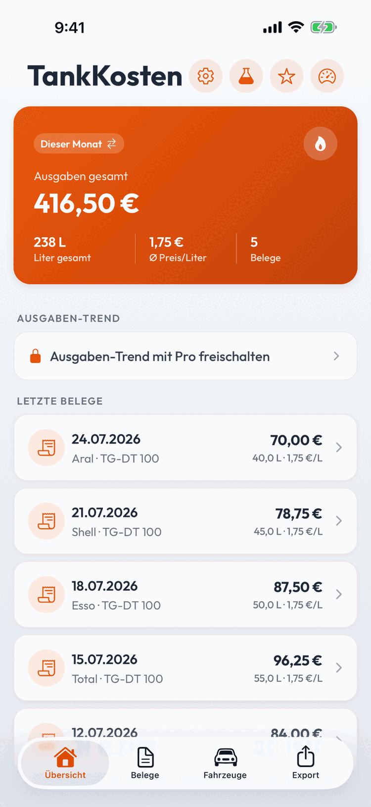 TankKosten App Dashboard mit Spritkosten-Übersicht