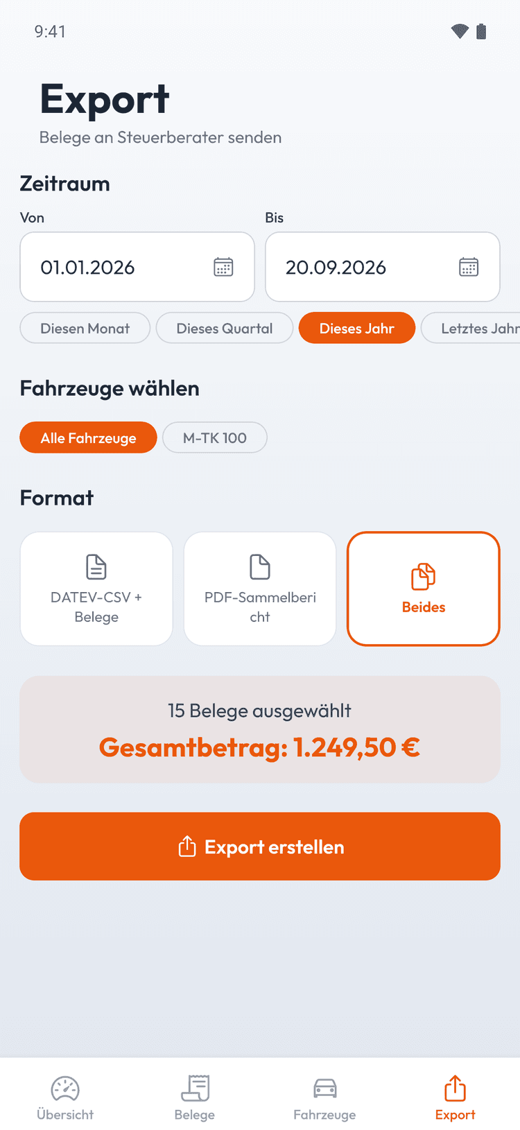 DATEV-fertig exportieren – CSV, PDF oder DATEV-Format — gefiltert nach Zeitraum und Fahrzeug