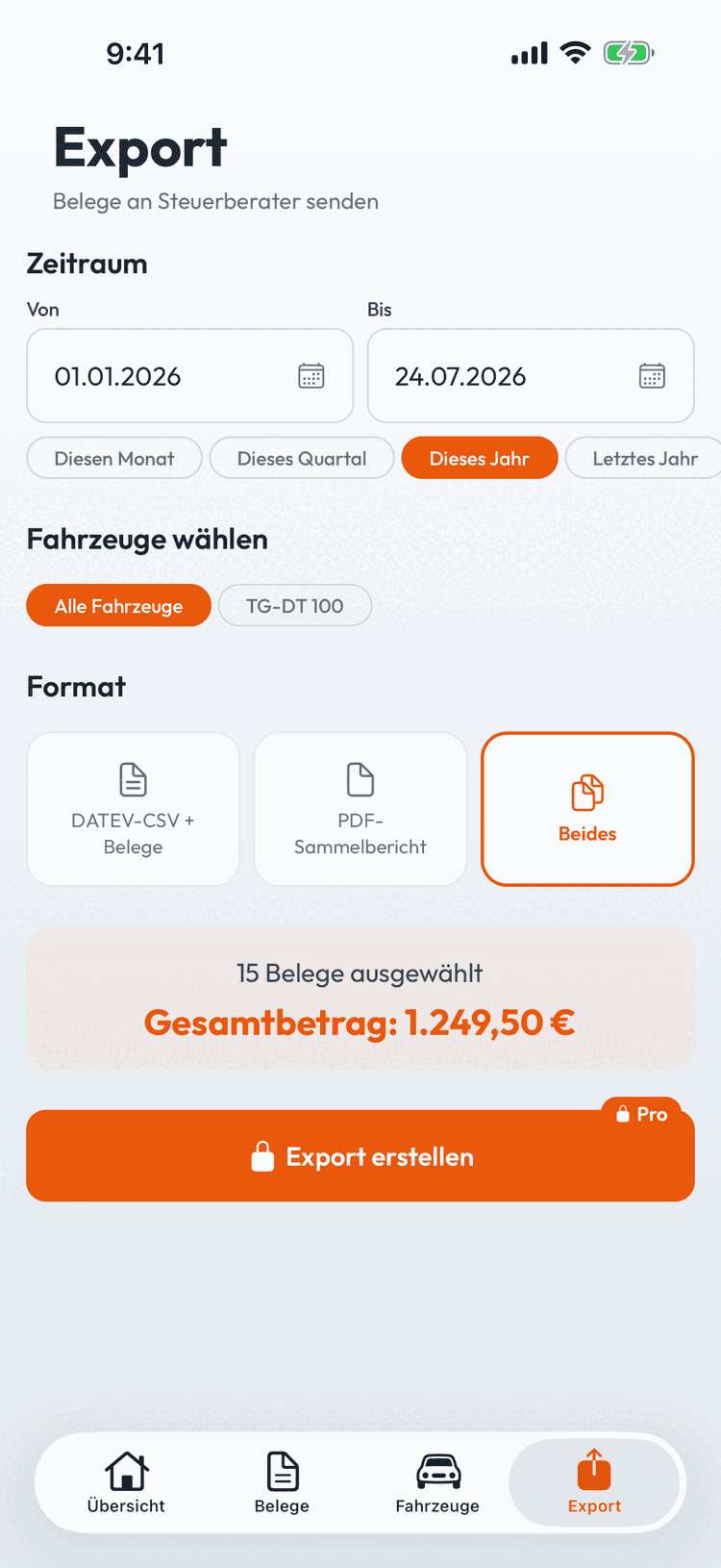 DATEV-fertig exportieren – CSV, PDF oder DATEV-Format — gefiltert nach Zeitraum und Fahrzeug