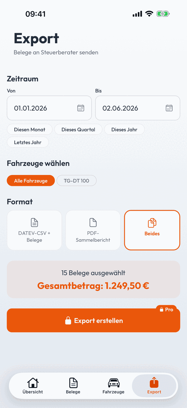 DATEV-fertig exportieren - CSV, PDF oder DATEV-Format — gefiltert nach Zeitraum und Fahrzeug
