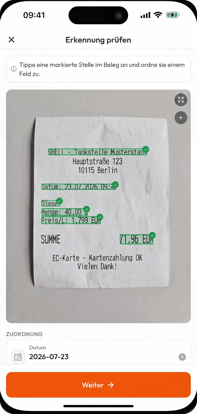 Prüfen & korrigieren – Erkannte Werte antippen und in Sekunden bestätigen oder korrigieren