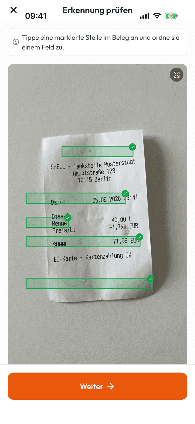 Prüfen & korrigieren - Erkannte Werte antippen und in Sekunden bestätigen oder korrigieren
